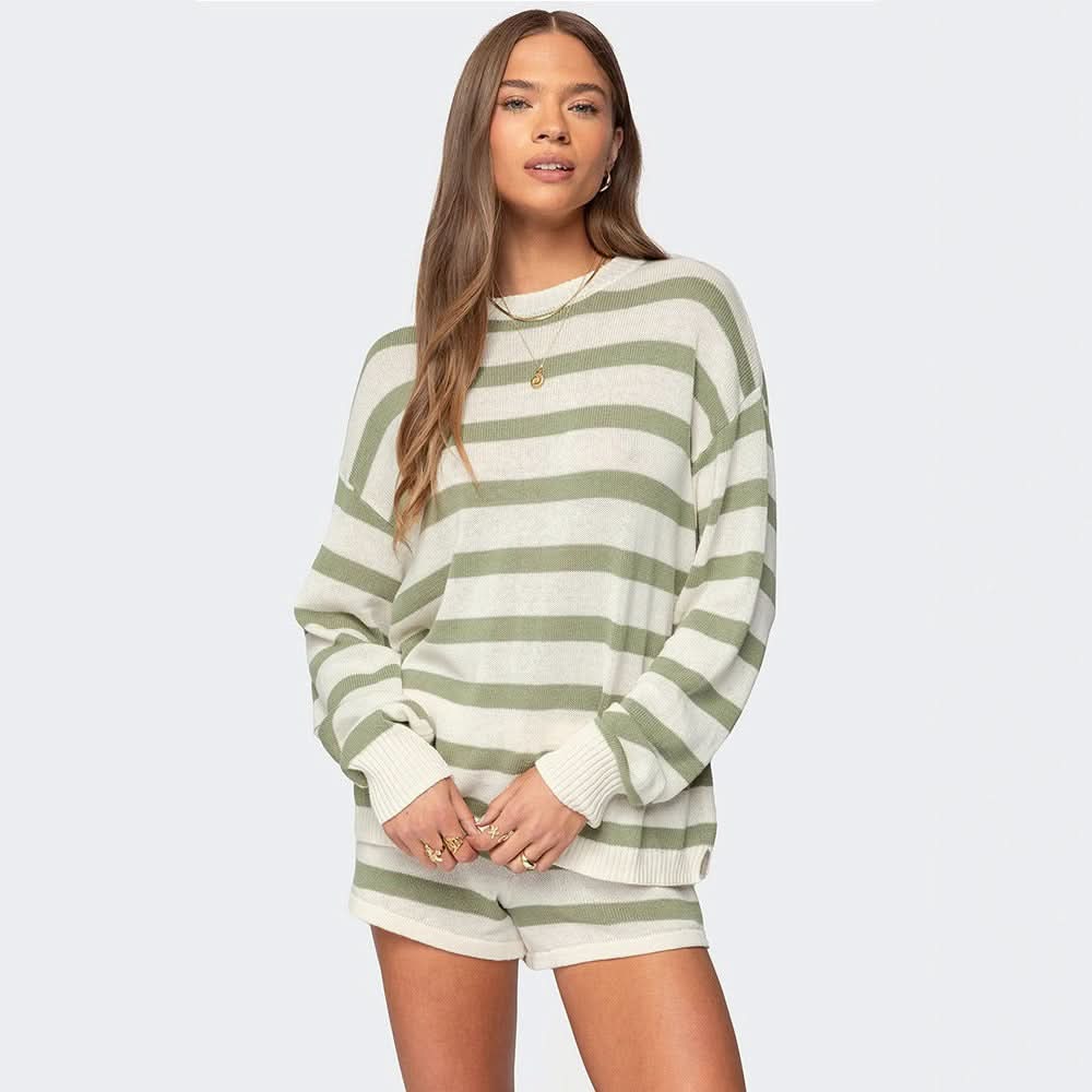 Women's Striped Long Sleeve Knit Sweater Short Set