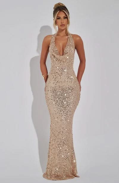 Women's Prom Halter Sequin Maxi Dress