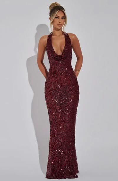 Women's Prom Halter Sequin Maxi Dress
