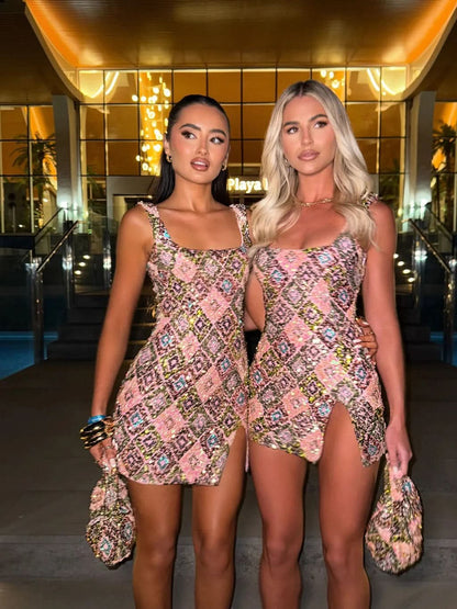 Women's Cocktail Sequin Square Neck Mini Dress
