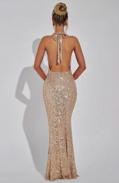 Women's Prom Halter Sequin Maxi Dress