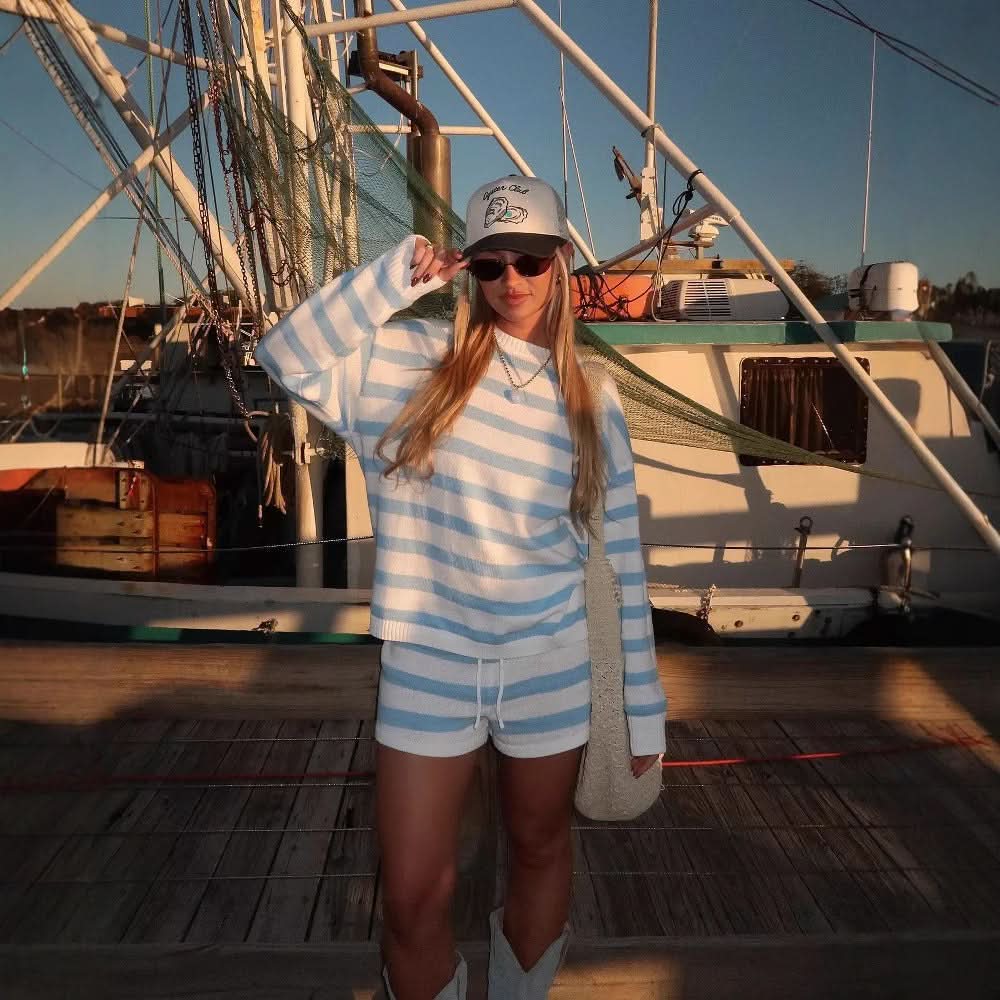 Women's Striped Long Sleeve Knit Sweater Short Set
