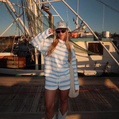 Women's Striped Long Sleeve Knit Sweater Short Set