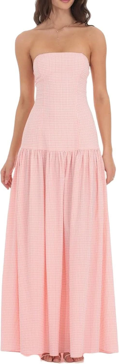 Women's Summer Strapless Gingham Maxi Dress