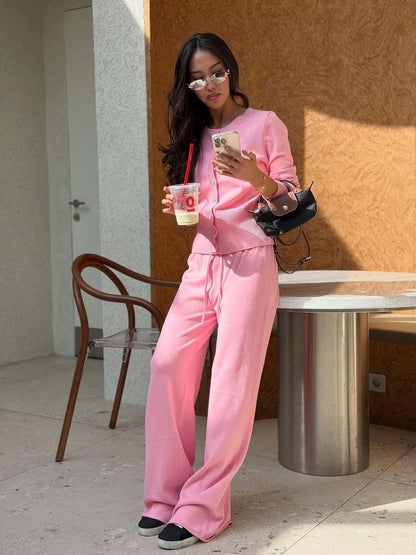 Women's Ribbed Knit Lounge Set Long Sleeve Top and Pants