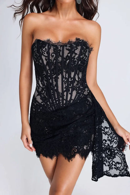 Women's Cocktail Strapless Lace Mini Dress with Drape