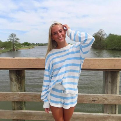 Women's Striped Long Sleeve Knit Sweater Short Set
