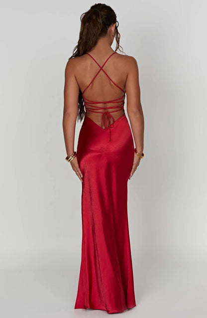 Women's Cocktail Satin V Neck Maxi Dress With Slit