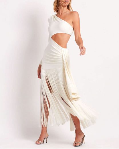 Women's Cocktail One Shoulder Fringe Maxi Dress