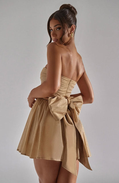 Women's Cocktail Strapless Glitter Mini Dress with Bow