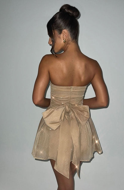 Women's Cocktail Strapless Glitter Mini Dress with Bow