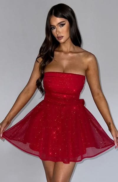 Women's Cocktail Strapless Glitter Mini Dress with Bow