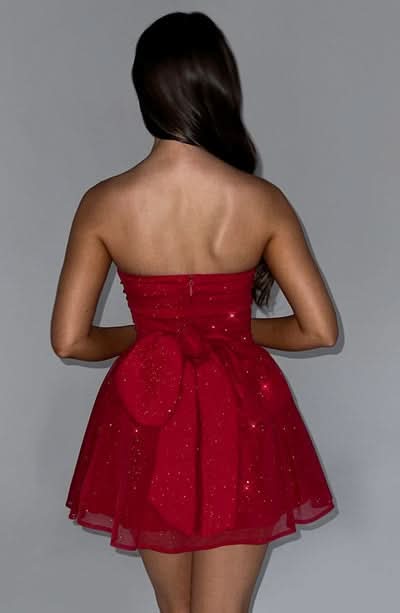 Women's Cocktail Strapless Glitter Mini Dress with Bow