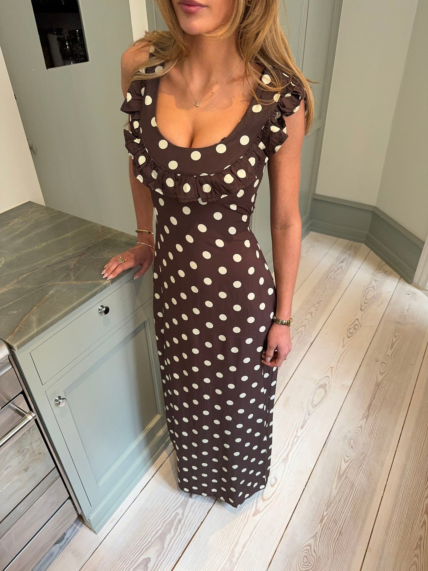Women's Wedding Guest Polka Dot Scoop Neck Maxi Dress