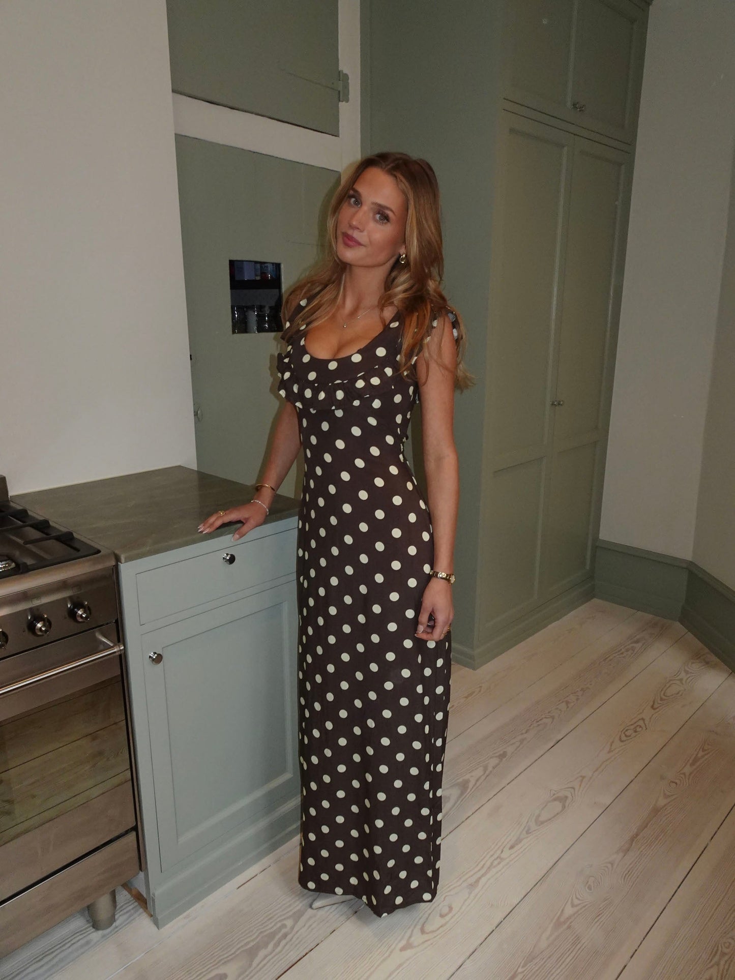 Women's Wedding Guest Polka Dot Scoop Neck Maxi Dress