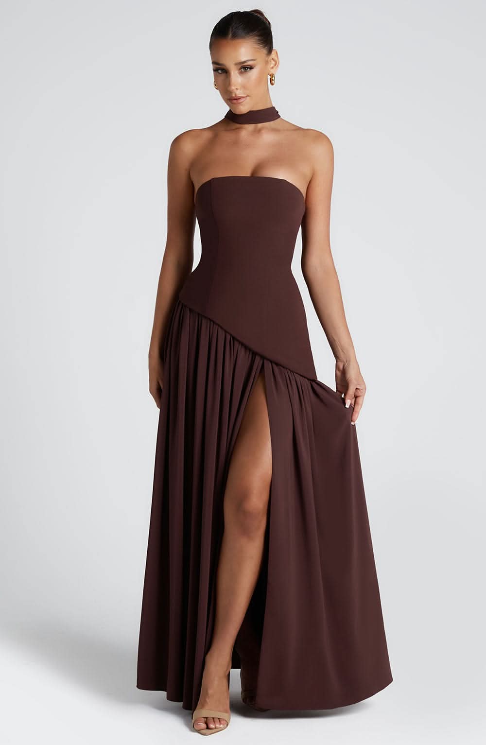 Women's Wedding Guest Strapless Maxi Dress With Scarf