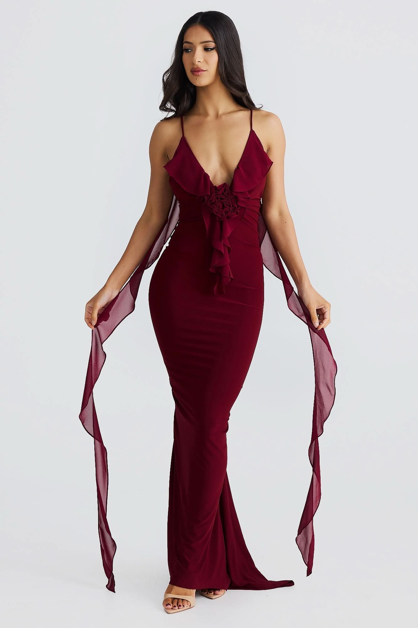 Women's Cocktail V Neck Bodycon Maxi Dress with Ruffle