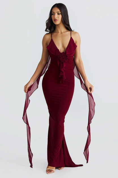 Women's Cocktail V Neck Bodycon Maxi Dress with Ruffle