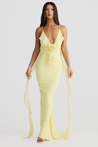 Women's Cocktail V Neck Bodycon Maxi Dress with Ruffle