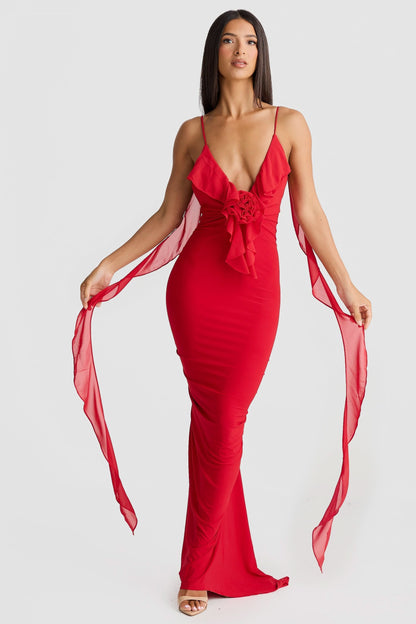 Women's Cocktail V Neck Bodycon Maxi Dress with Ruffle