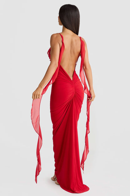 Women's Cocktail V Neck Bodycon Maxi Dress with Ruffle