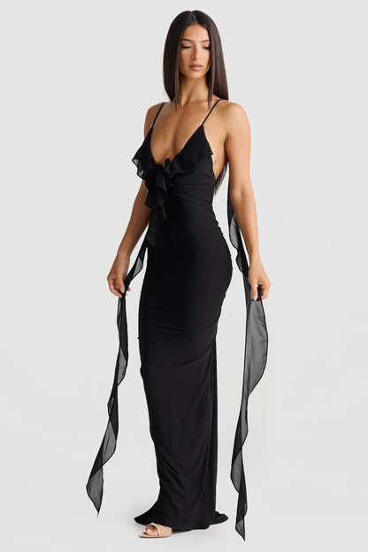 Women's Cocktail V Neck Bodycon Maxi Dress with Ruffle