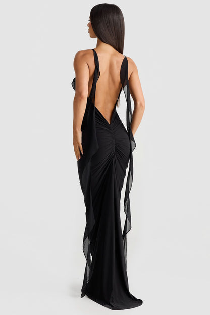 Women's Cocktail V Neck Bodycon Maxi Dress with Ruffle