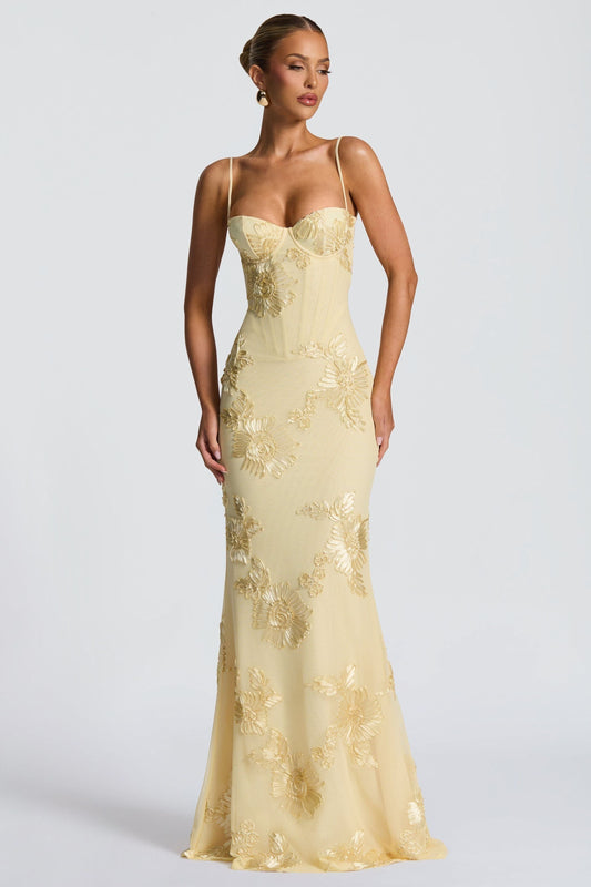 Women's Prom Floral Sweetheart Maxi Dress With Applique