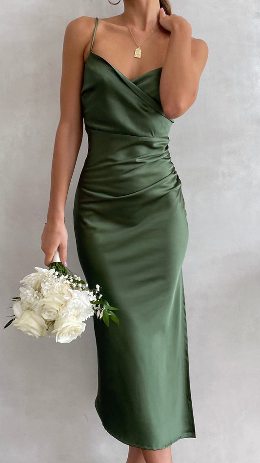Women's Wedding Guest Satin Cowl Neck Midi Dress