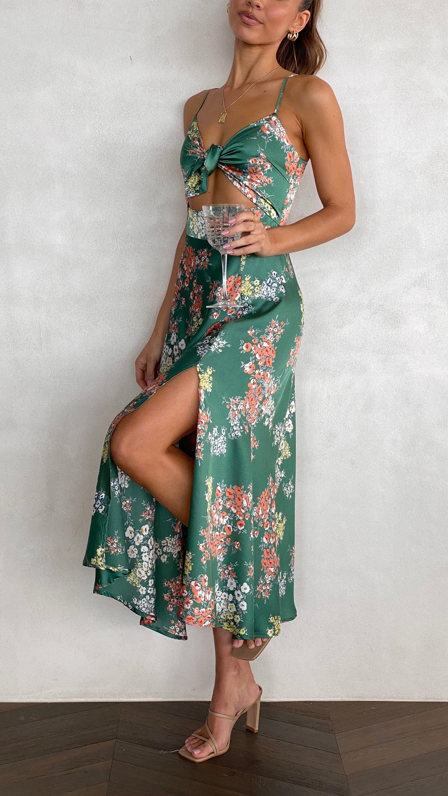 Women's Wedding Guest Floral Tie Front Midi Dress