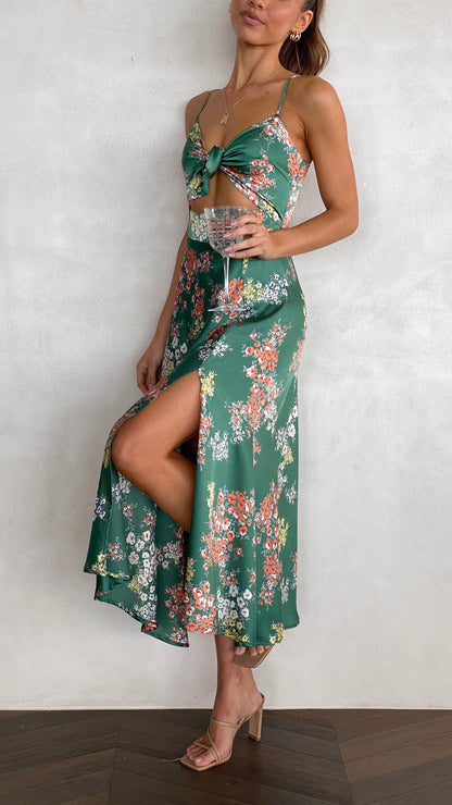 Women's Wedding Guest Floral Tie Front Midi Dress