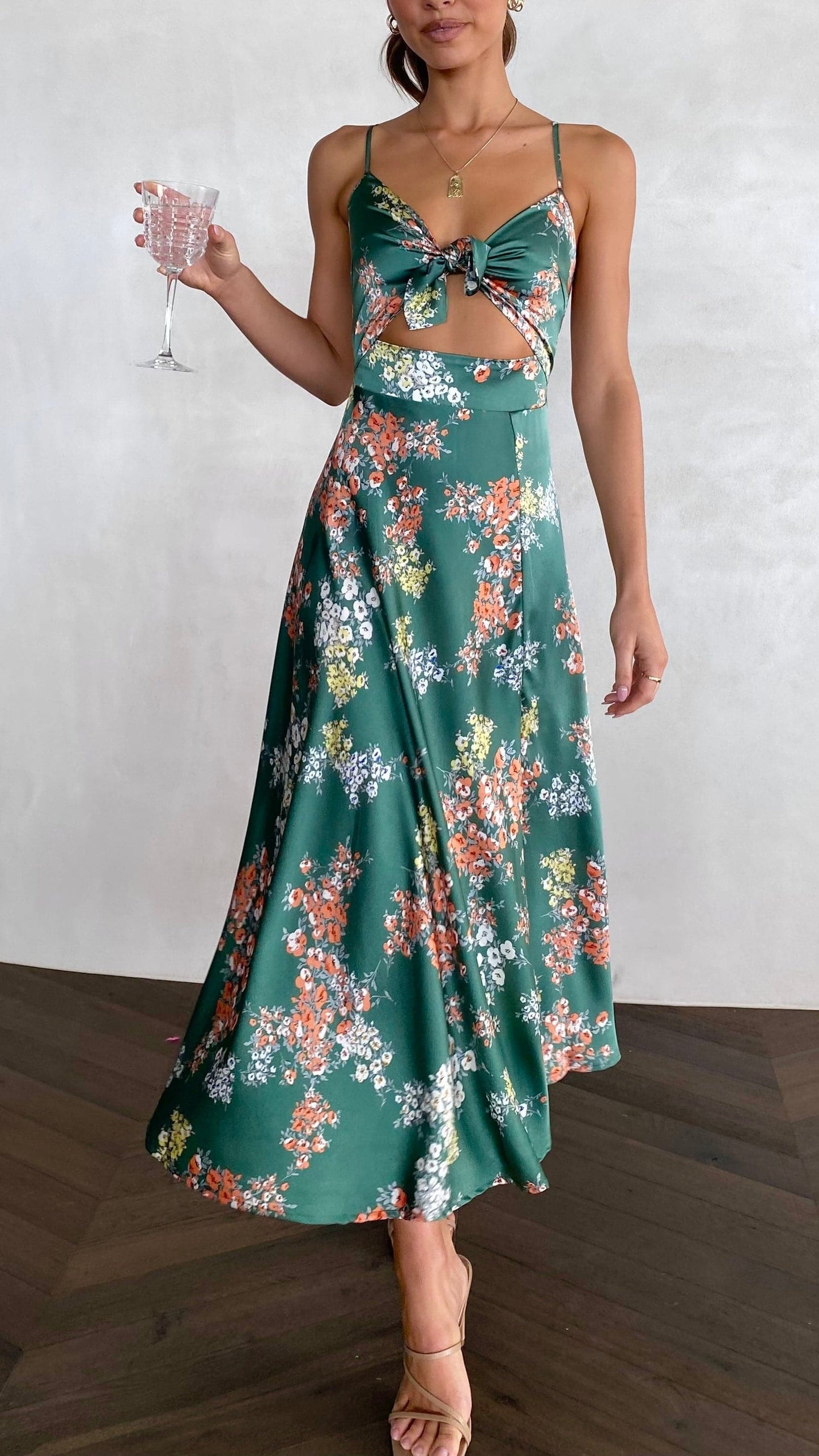 Women's Wedding Guest Floral Tie Front Midi Dress