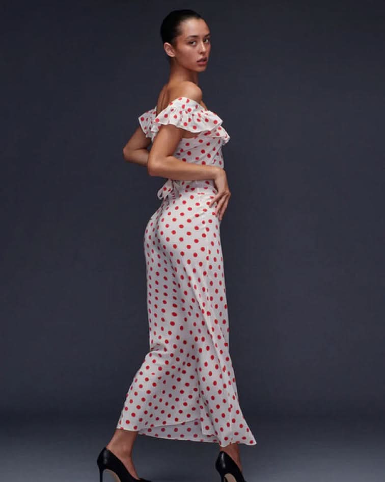 Women's Wedding Guest Polka Dot Off Shoulder Maxi Dress