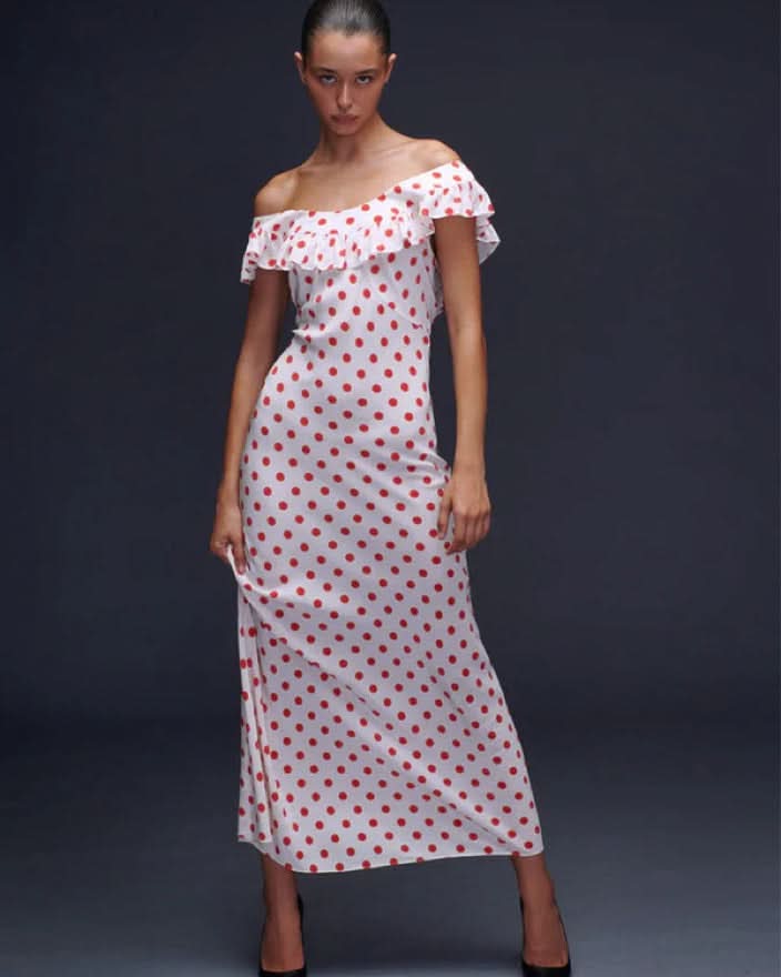 Women's Wedding Guest Polka Dot Off Shoulder Maxi Dress