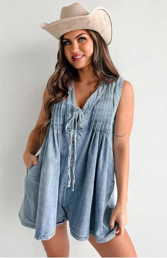 Women's Summer V Neck Sleeveless Denim Romper With Pockets