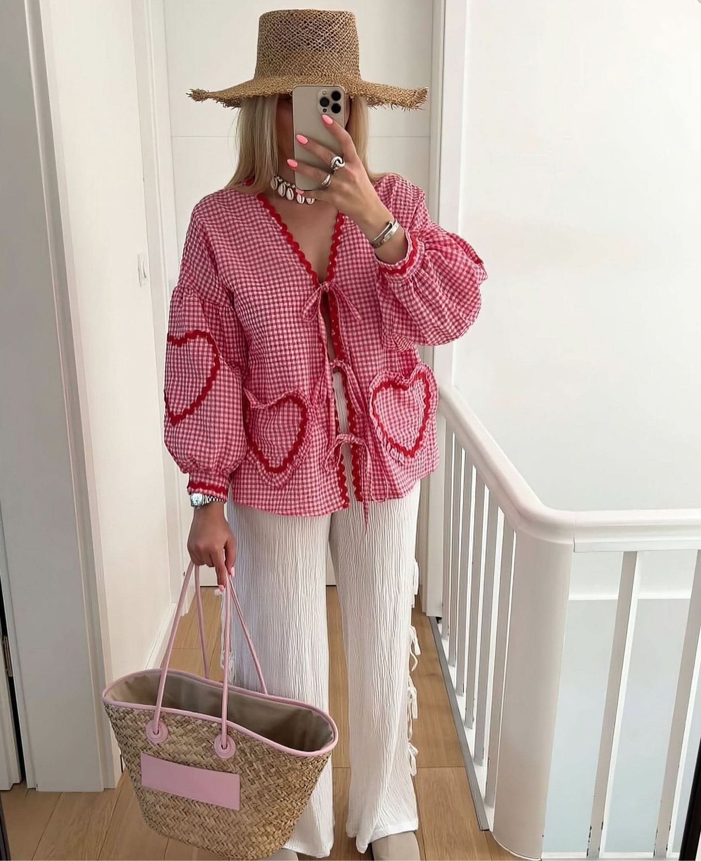 Women's Summer Gingham V Neck Tie Front Blouse