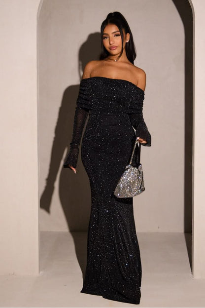 Women's Prom Off Shoulder Glitter Maxi Dress