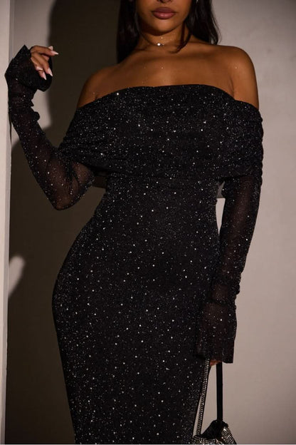 Women's Prom Off Shoulder Glitter Maxi Dress