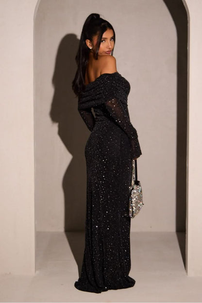 Women's Prom Off Shoulder Glitter Maxi Dress