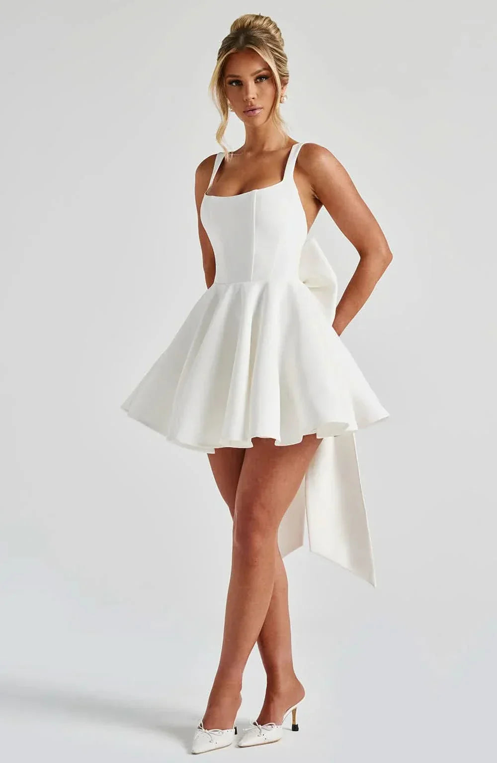 Women's Cocktail Bow Mini Square Neck Skater Dress