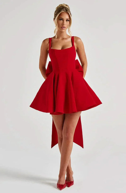 Women's Cocktail Bow Mini Square Neck Skater Dress