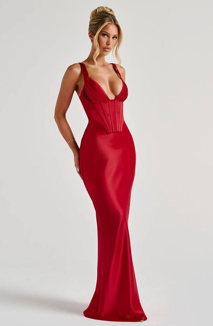 Women's Prom Corset V Neck Maxi Dress