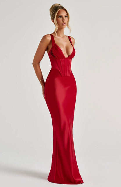Women's Prom Corset V Neck Maxi Dress