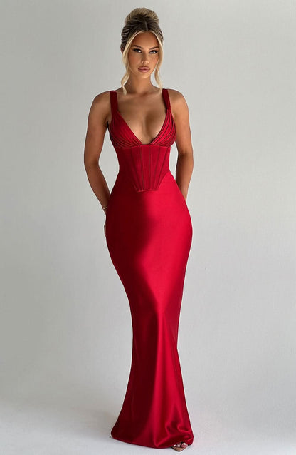 Women's Prom Corset V Neck Maxi Dress