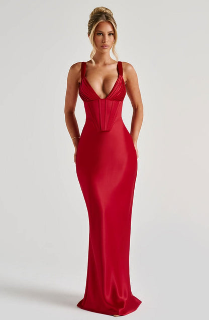 Women's Prom Corset V Neck Maxi Dress