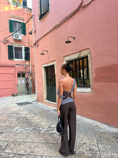 Women's Wide Leg Suit Pants with Polka Dot Waistband