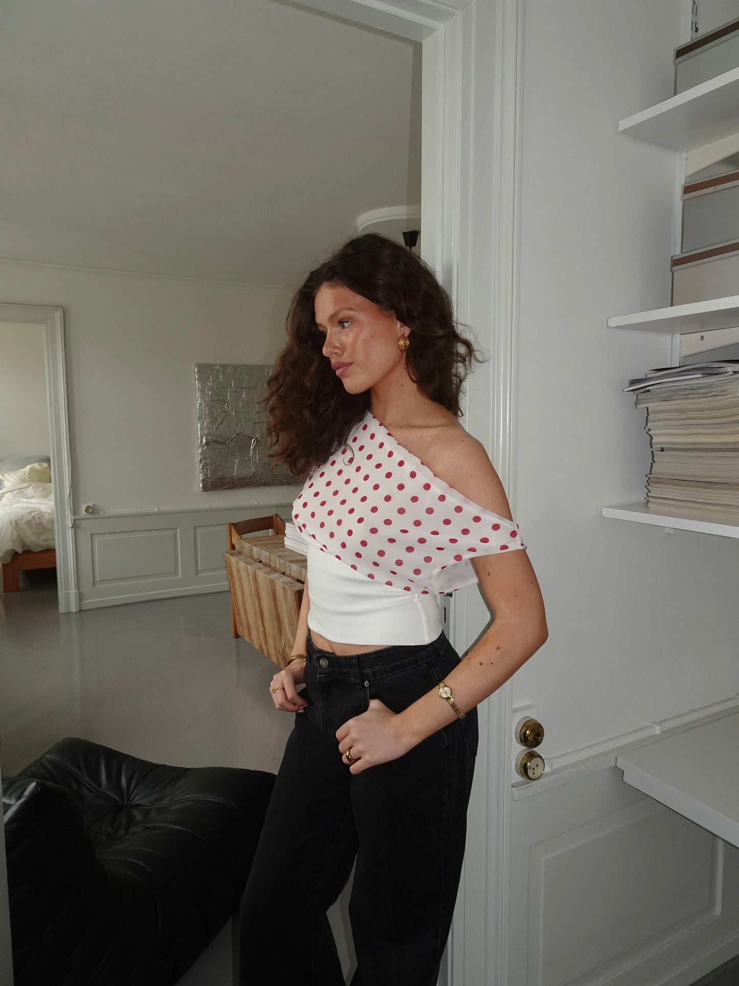 Women's Polka Dot One Shoulder Tie Back Crop Top