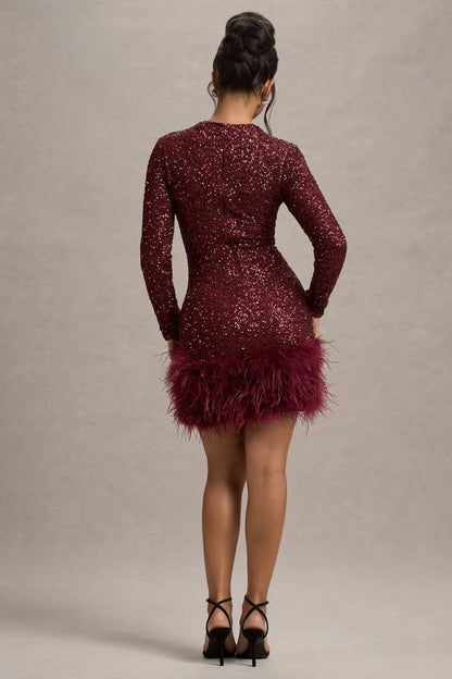 Women's Cocktail Sequin Long Sleeve Feather Hem Mini Dress