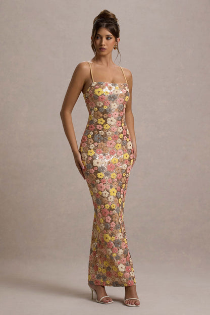 Women's Wedding Guest Floral Sequin Maxi Dress