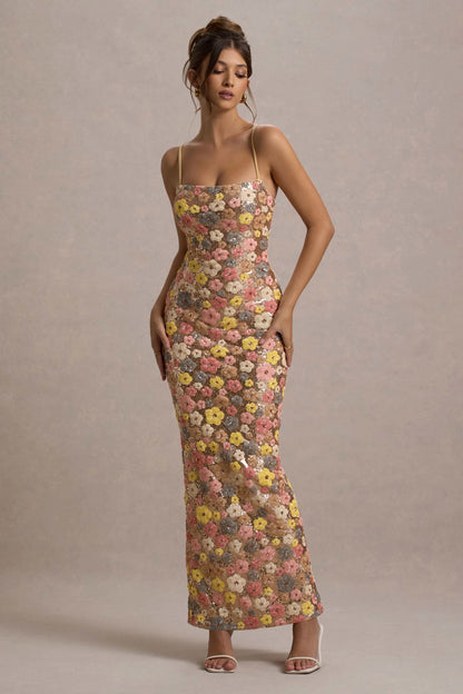 Women's Wedding Guest Floral Sequin Maxi Dress